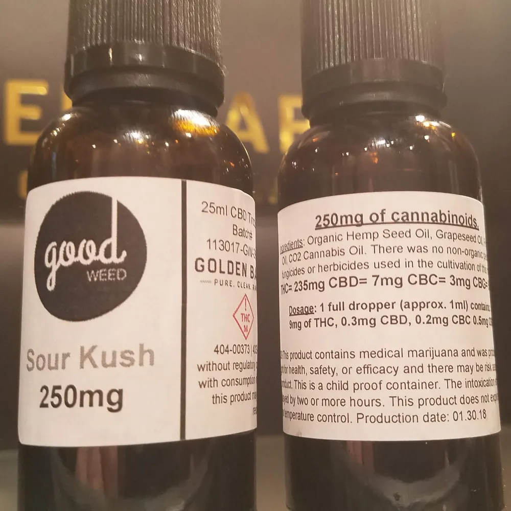Good Weed Sour Kush 250mg tincture bottles with full compliance labelling